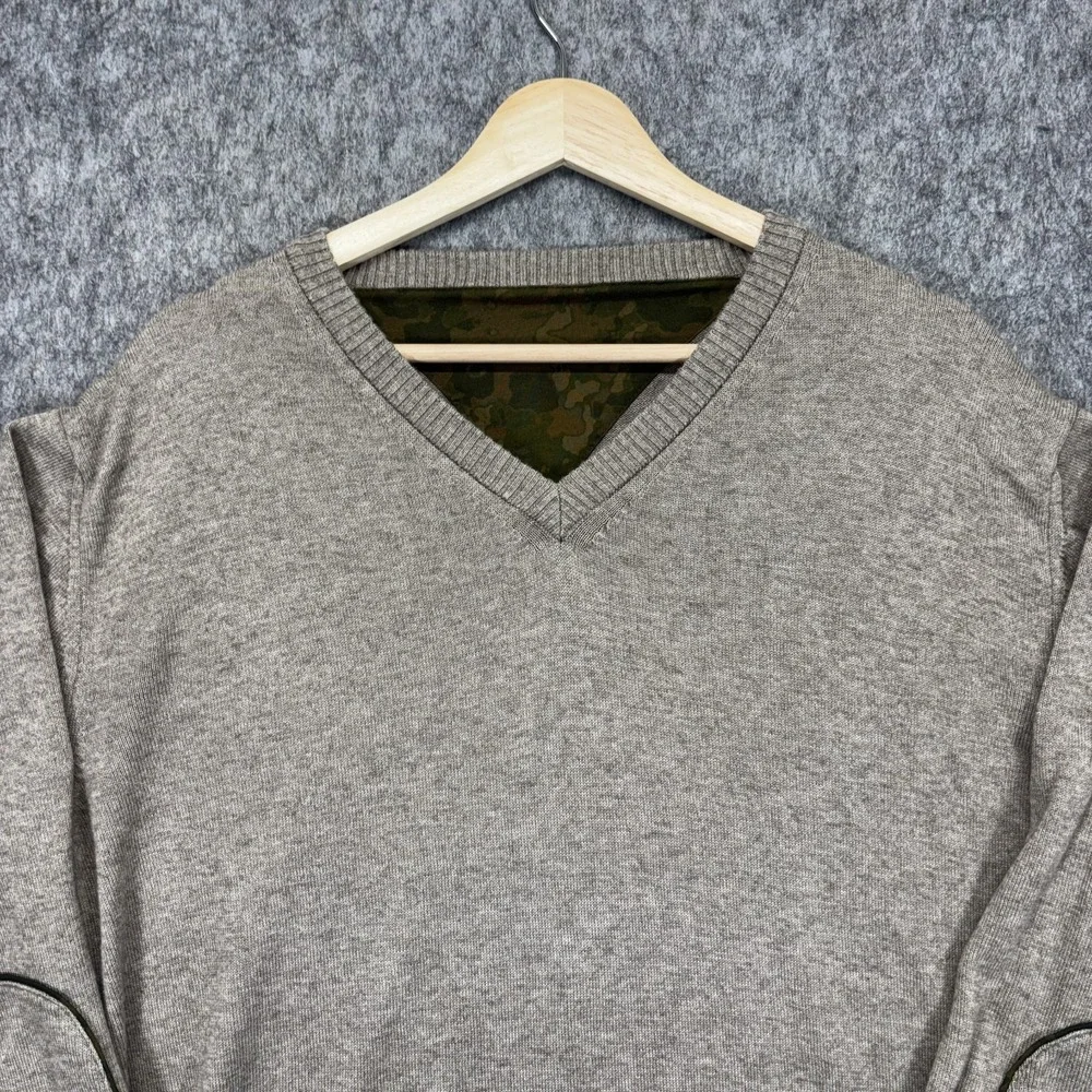 Beretta V Neck Camo Sweater Men's L/XL Elbow‎ Patches Brown Wool Hunting